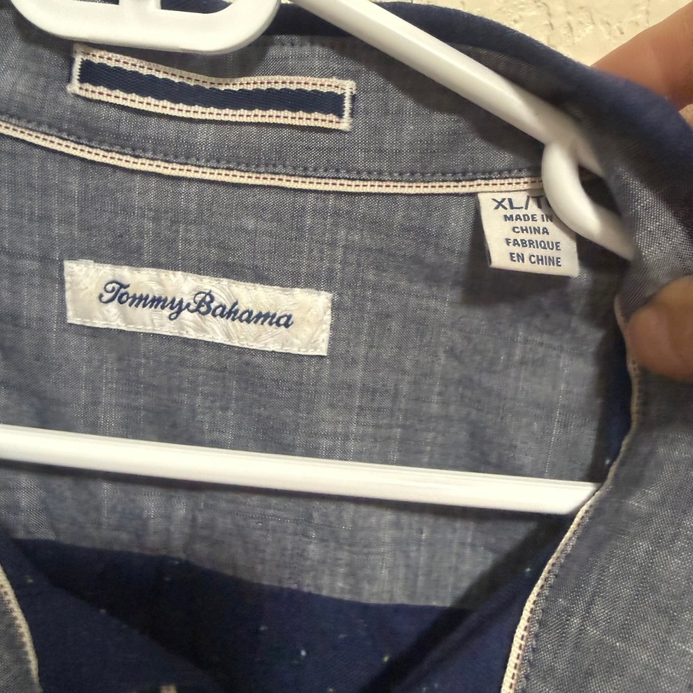 Tommy Bahama Men XL Blue Speckled Neps Long Sleeve Button Down Shirt Marlin Logo - Picture 2 of 14